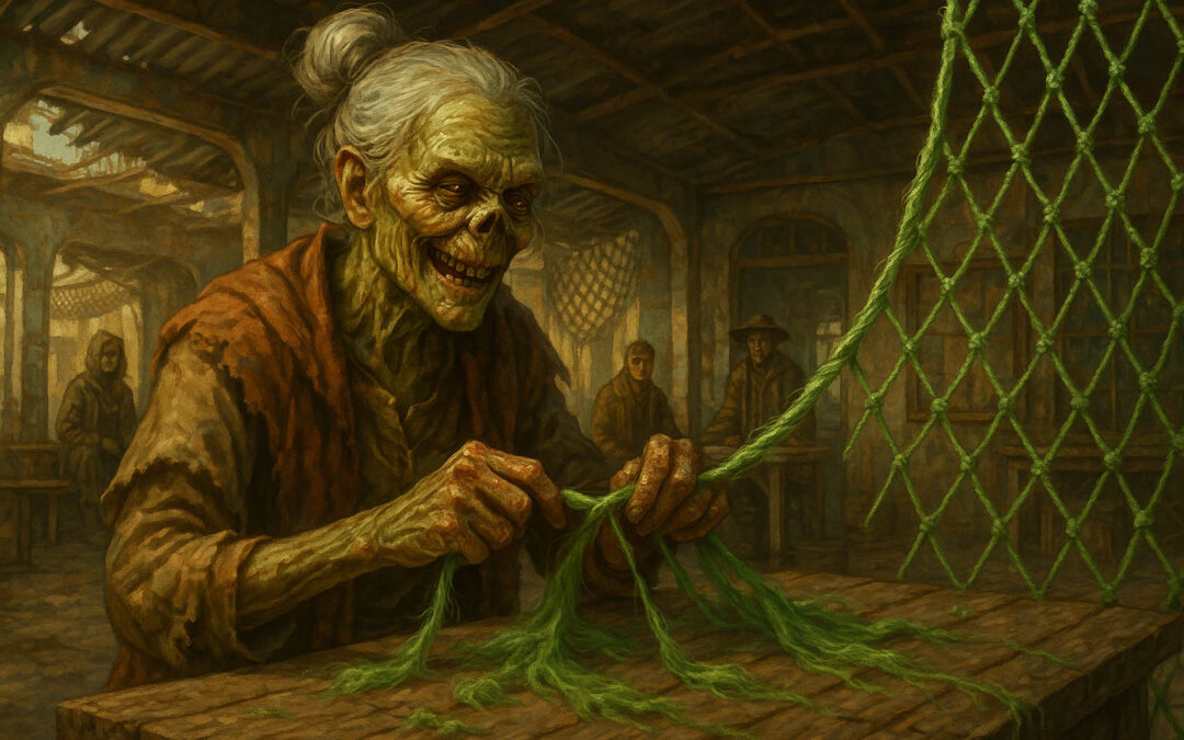 Una señora ghoul enseña a tejer redes de pesca con pelo de supermutante