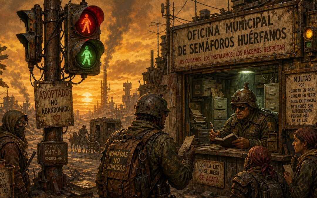 La Oficina de Semáforos Huérfanos multa a quienes cruzan donde ya no hay calle