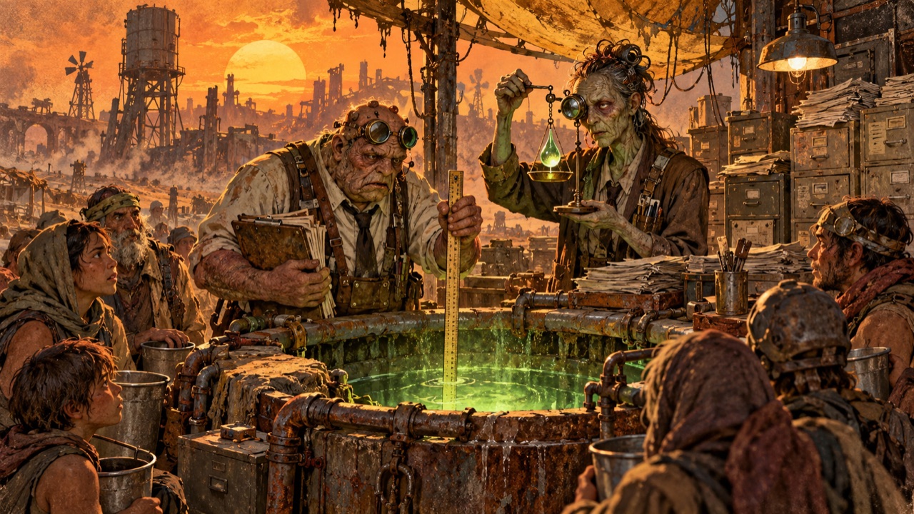 Ilustración del Ministerio de la Sed inspeccionando un pozo que sueña con agua en el yermo